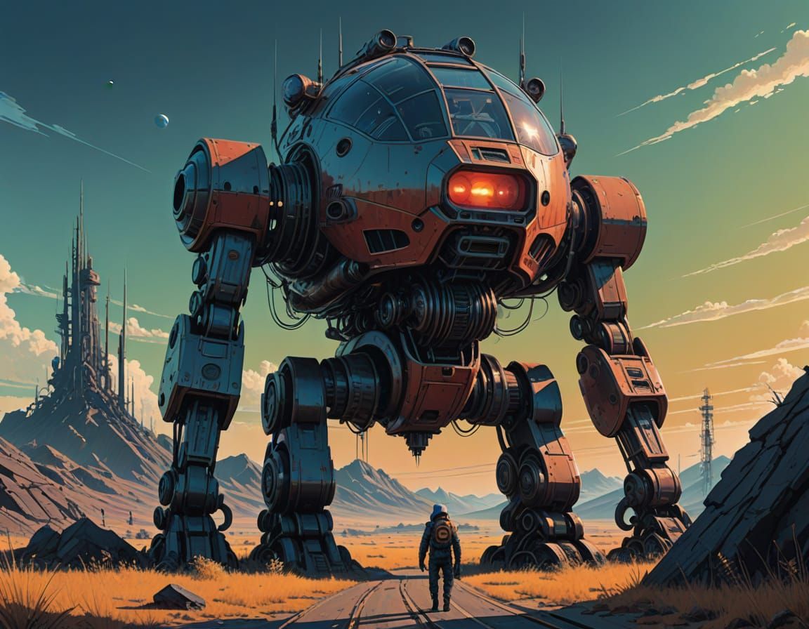 Astronaut Ponders Distant Planet Landscape in Futuristic Sty...