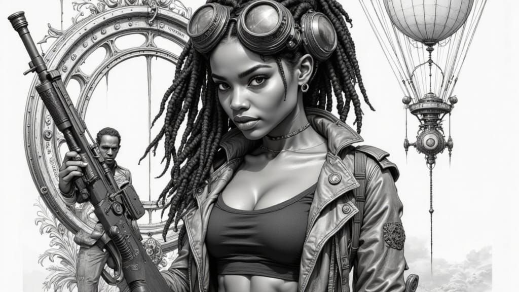 Monochrome Steampunk Woman in Ornate Frame