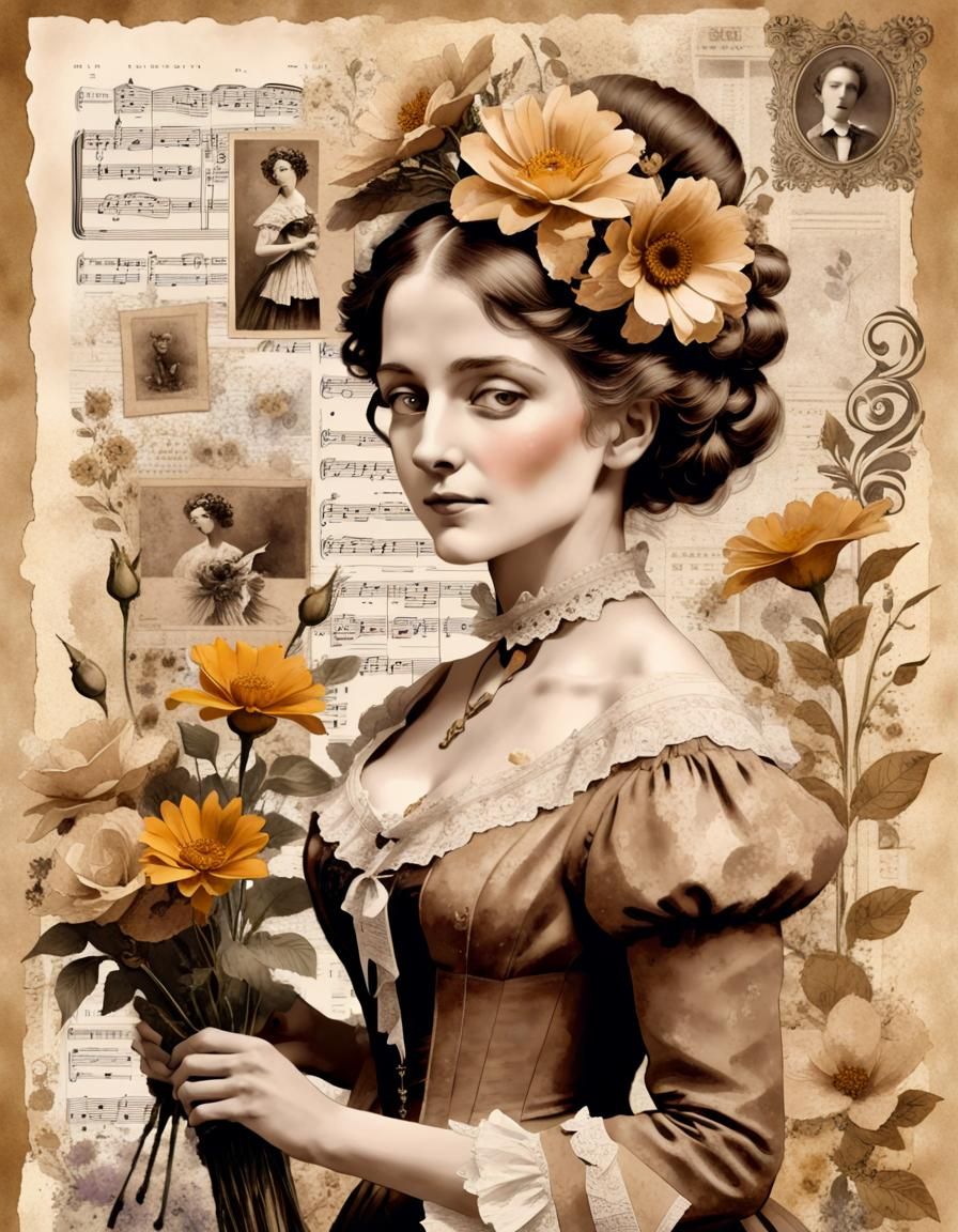 Victorian Lady Collage in Sepia Watercolor Style