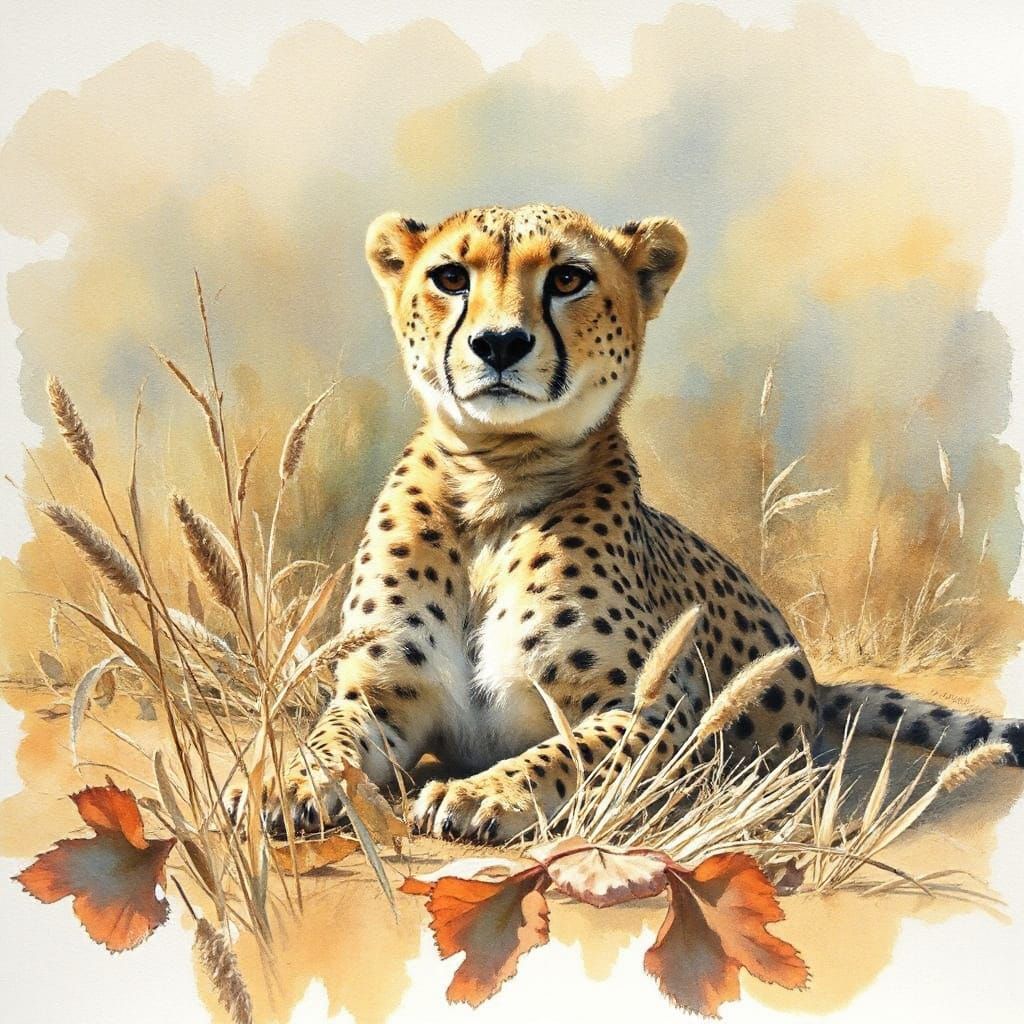 Cheetah in Dried Grass, Watercolour Style