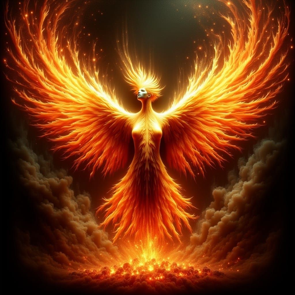 Majestic Phoenix Bursting from Flames in Cyberpunk Style