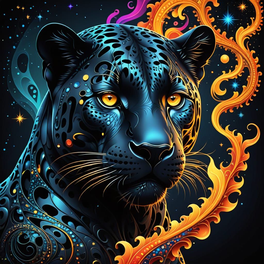 Psychedelic Black Jaguar with Tiki Torches