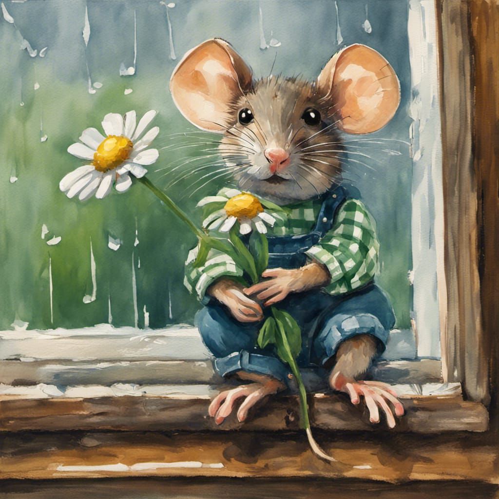 Mouse in Overalls with Daisy, Gouache Style