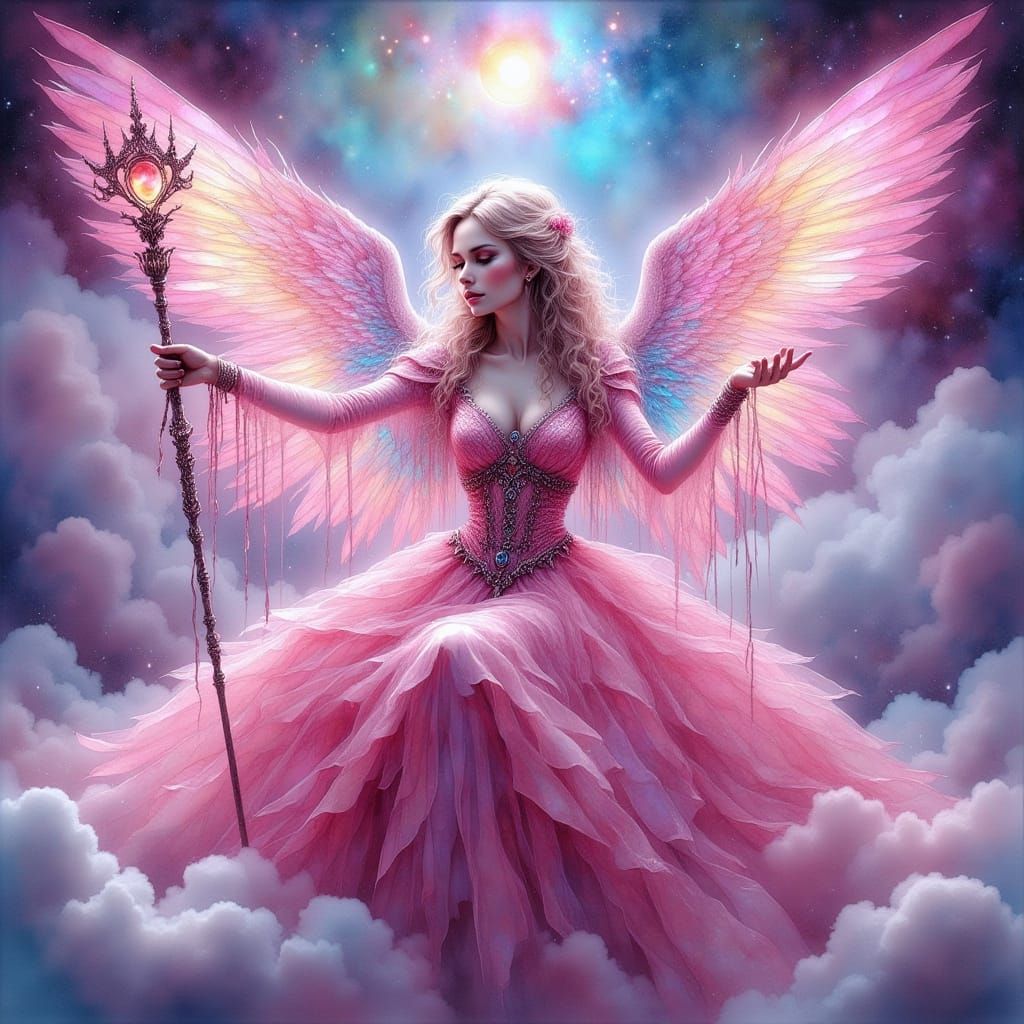 Elegant Angel in Pink Gown with Cosmic Wings