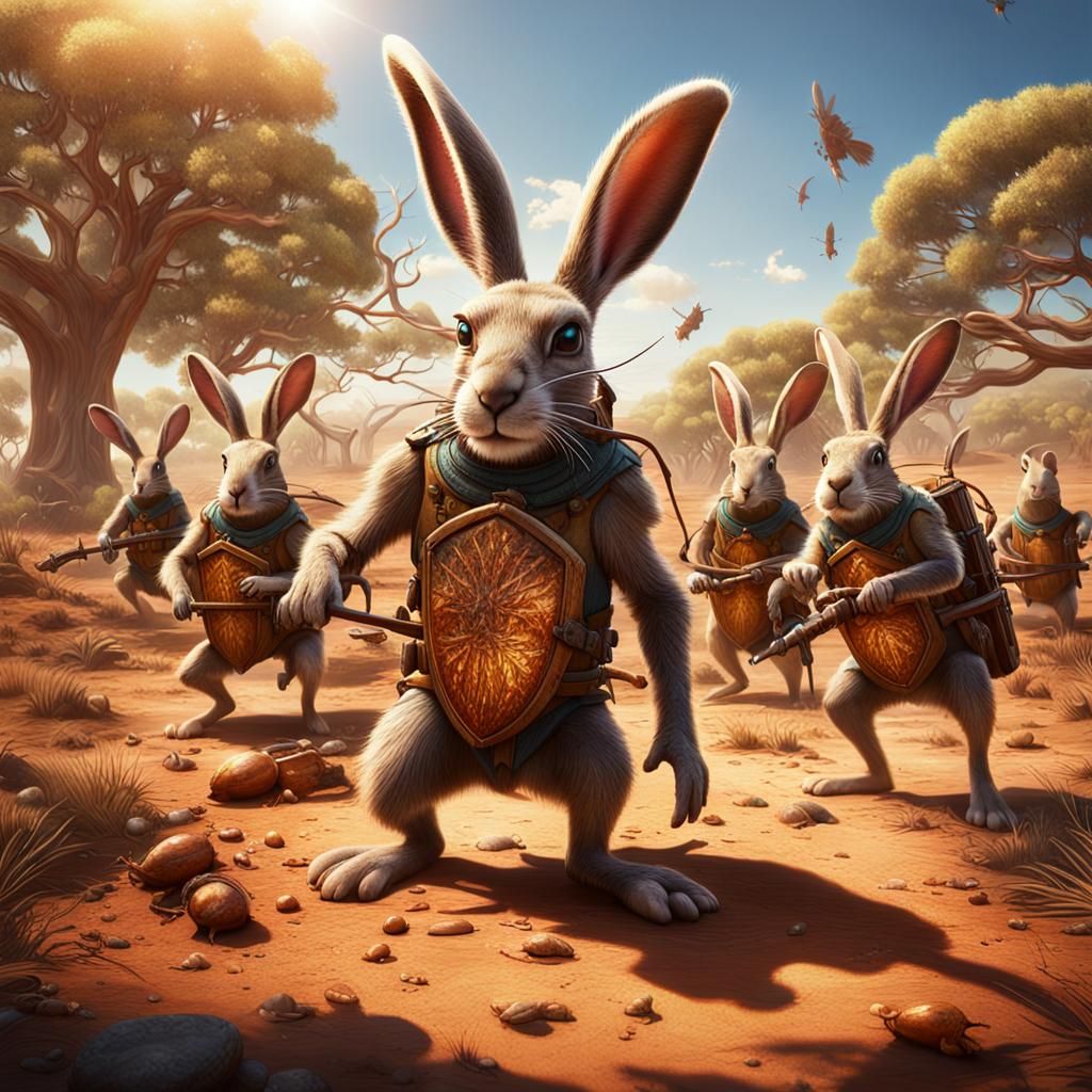 Easter Bunny and Kangaroo Warriors in Outback