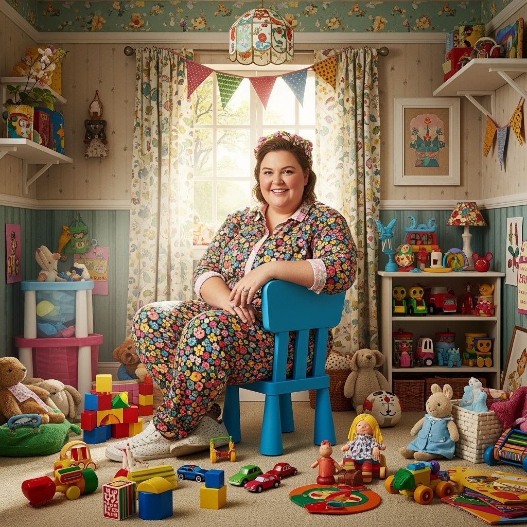 Woman on Child's Chair, Whimsical Art Style