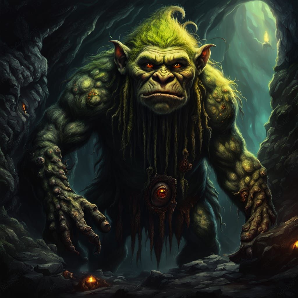 Eerie Troll in Dark Cave: Fantasy Oil Painting