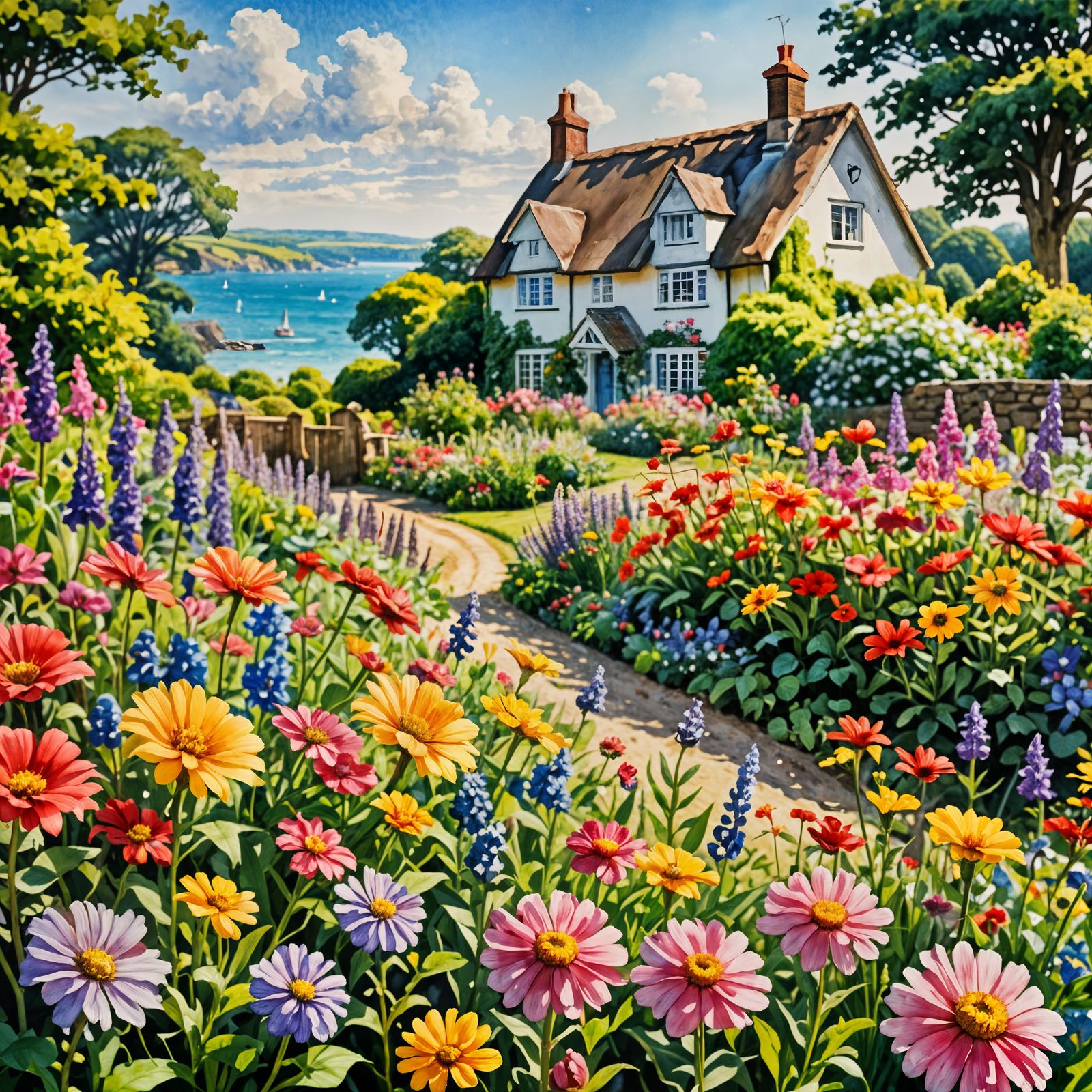 Vivid Summer Garden Watercolour Painting