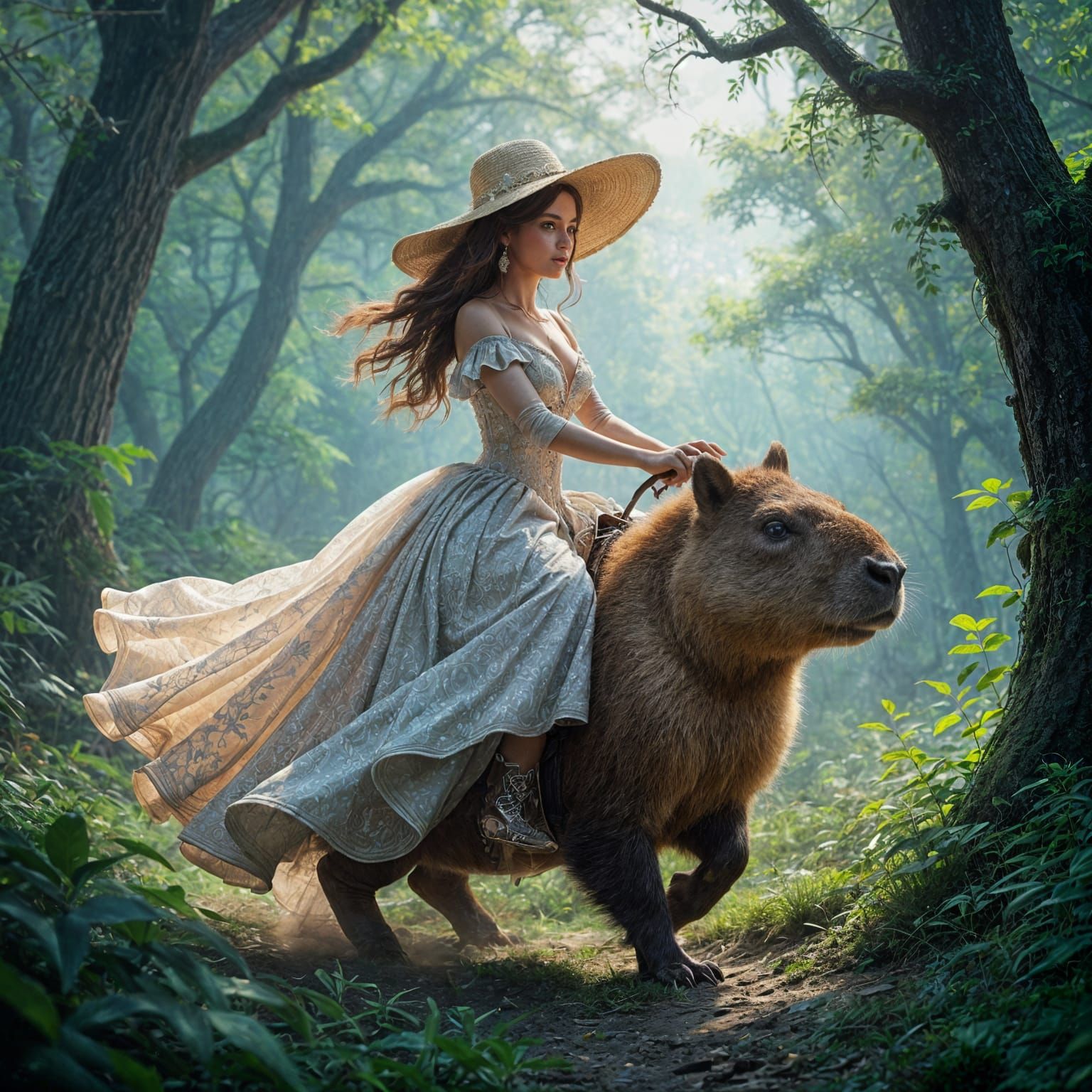 Princess Rides Capybara Through Magical Forest