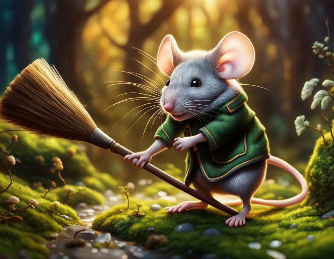 Mouse Sweeping Moss in Enchanted Forest: Hyperrealistic Art