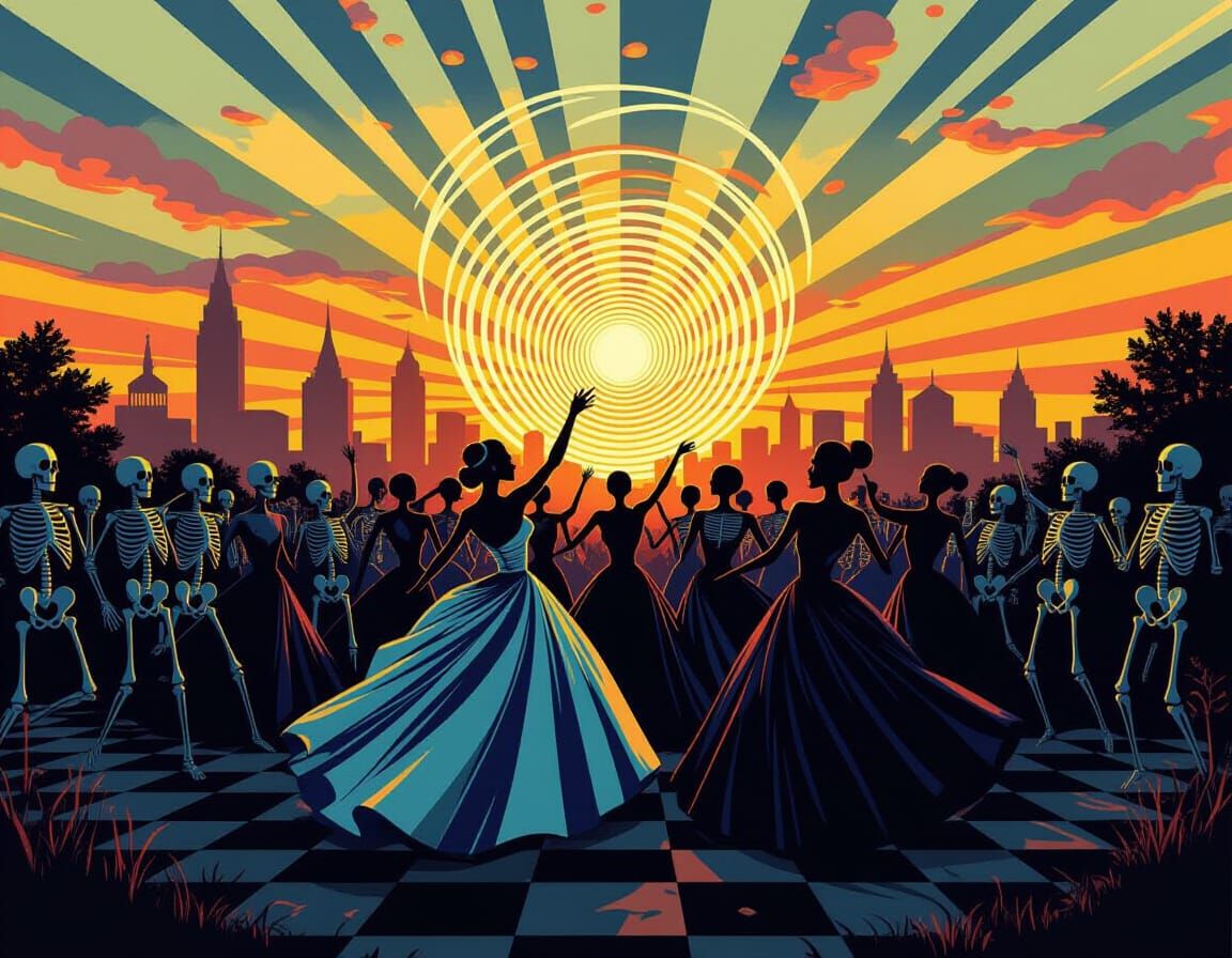 Skeletons Dancing in Graveyard Amidst Mosaic Sunset Skyline