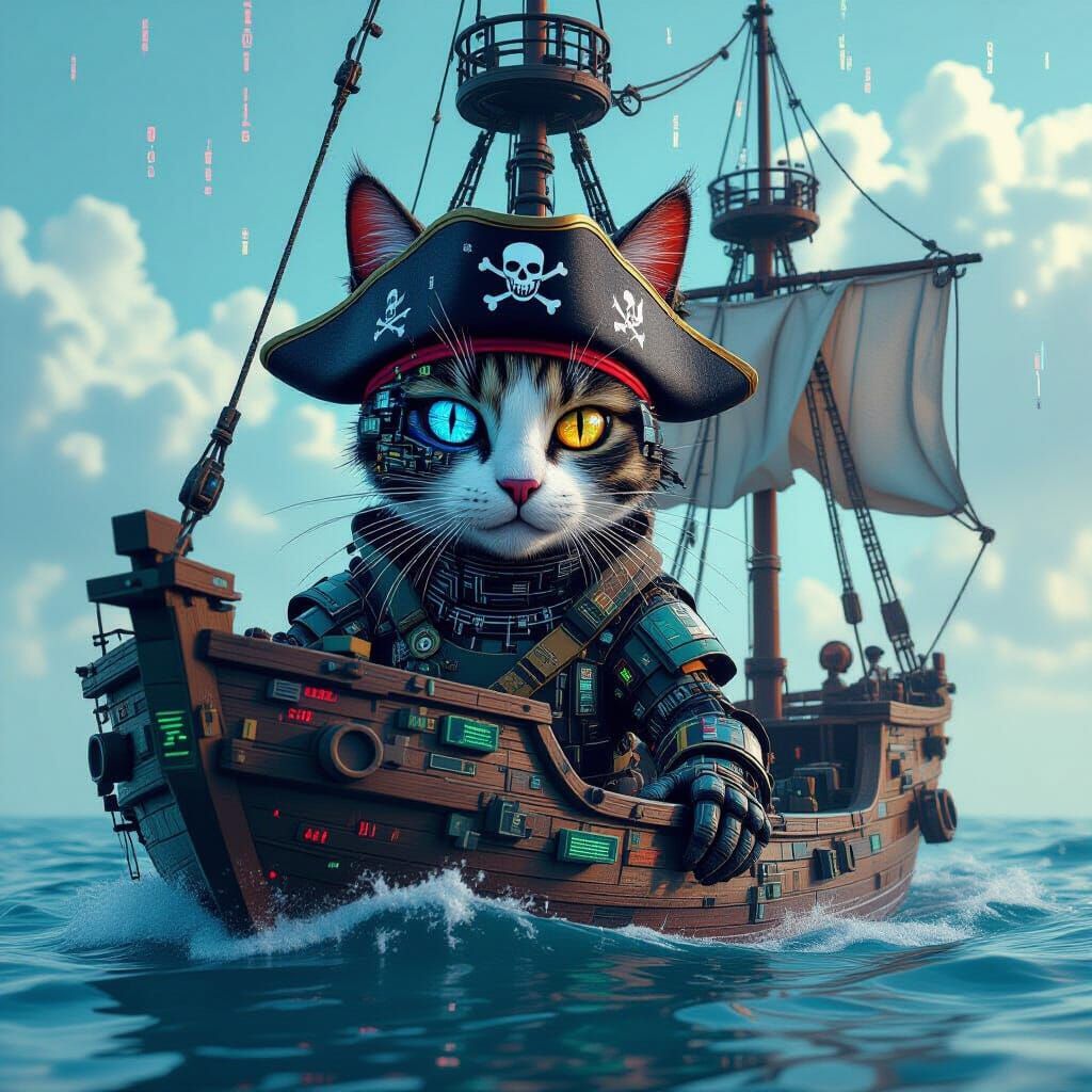 Cyborg Cat Pirate Hacker Sails the Digital Seas