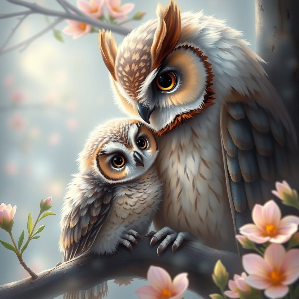 Ethereal Springtime Scene of Mother and Baby Owl
