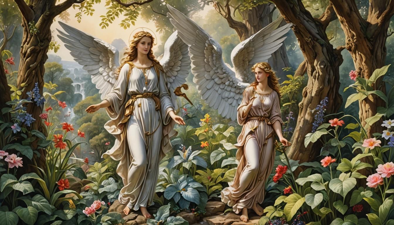 Guardian Angel at Eden's Gate: Hyperdetailed Watercolor