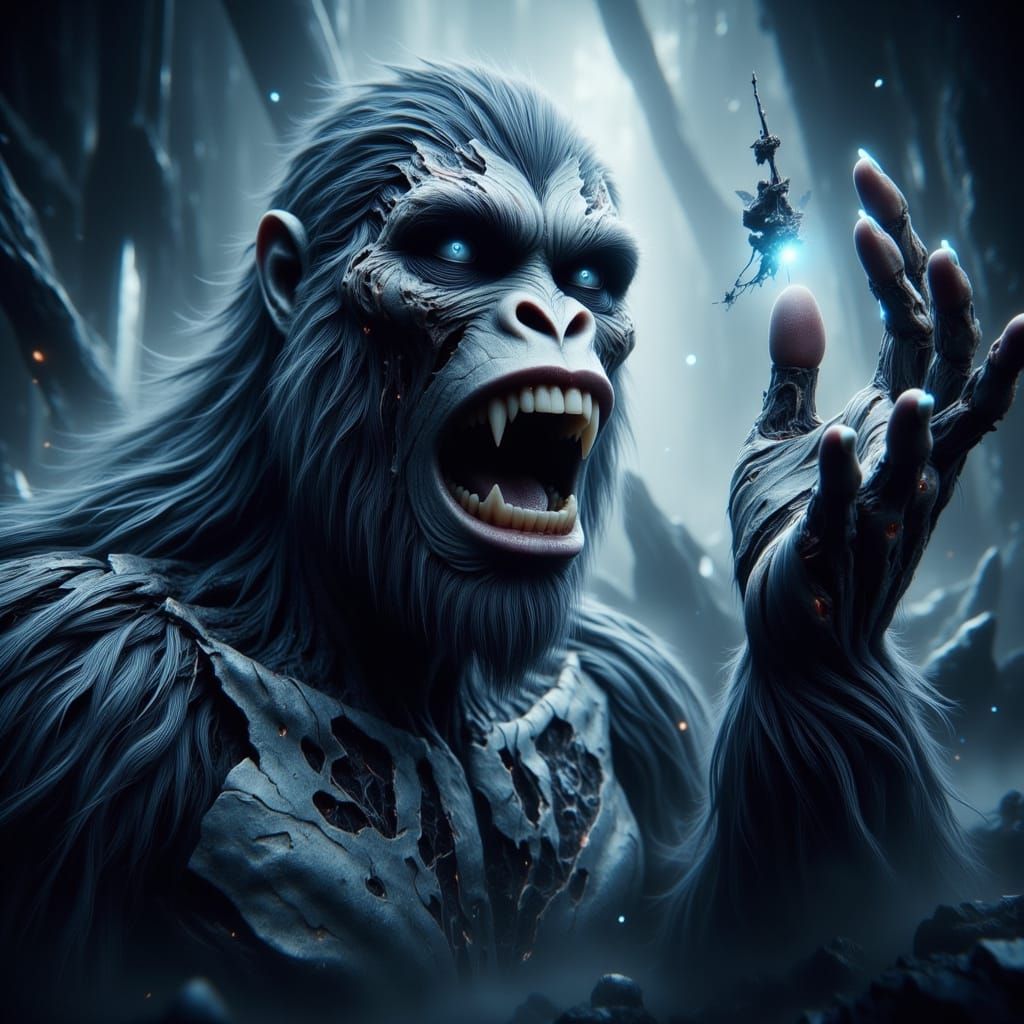 Robotic Gorilla Captures Fairy in Ominous Jungle