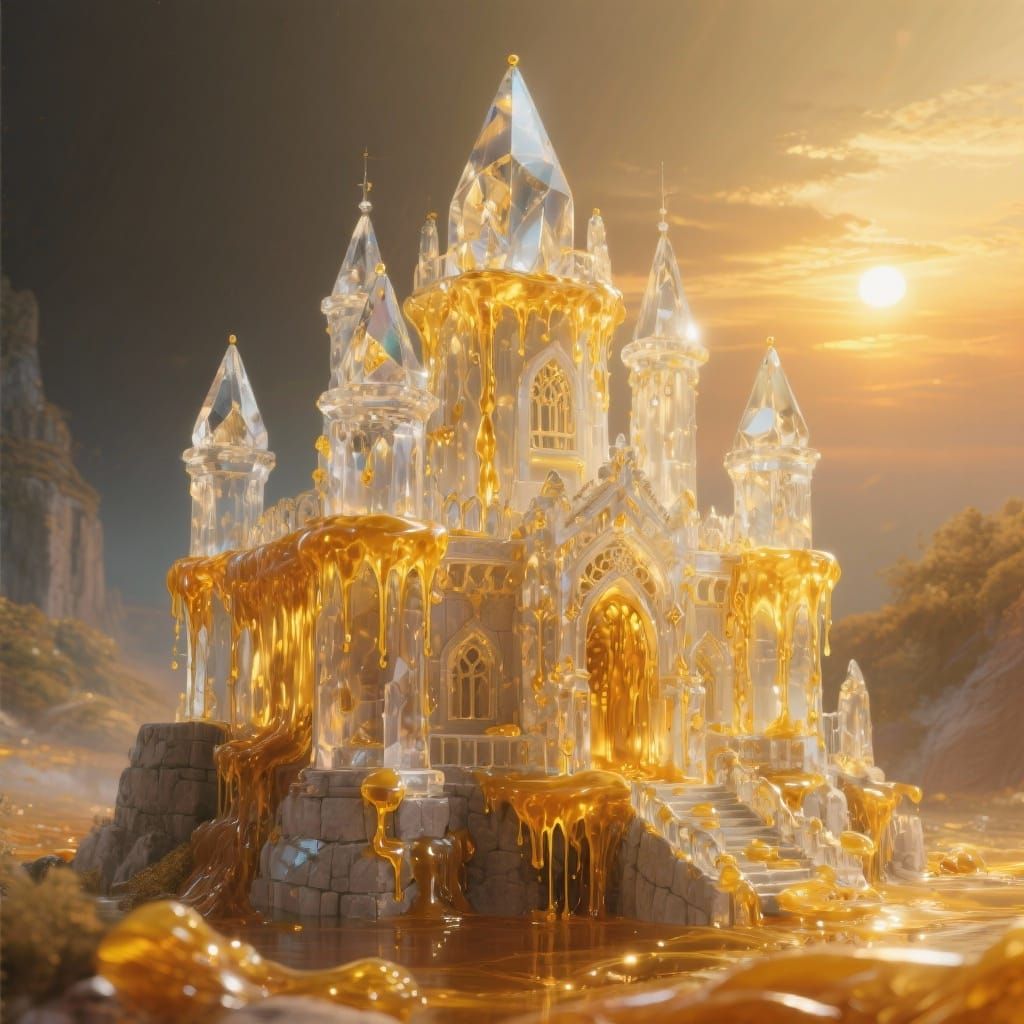 Ethereal Crystal Castle Drips Molten Honey in Golden Light