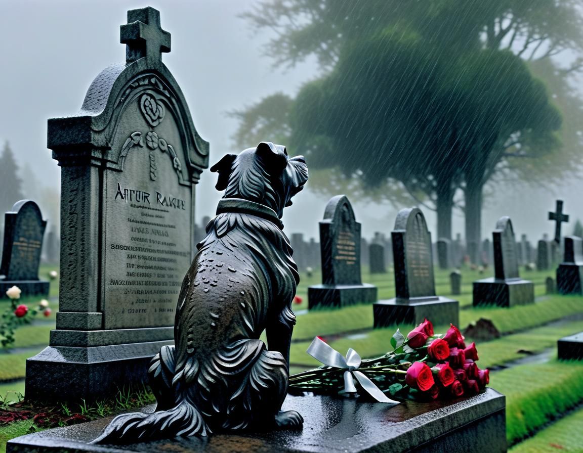 Dog at Gravestone in Rainy, Gloomy Scene