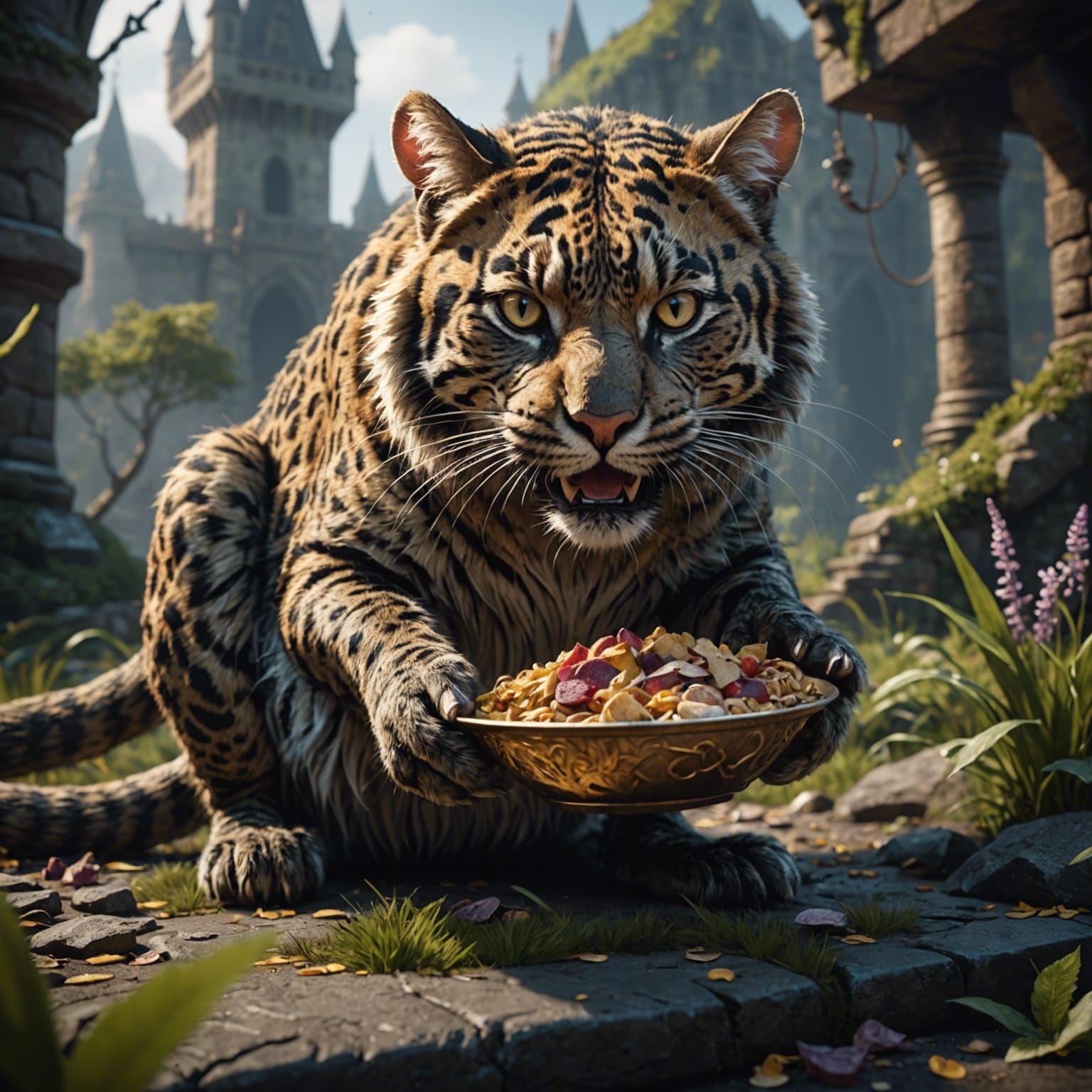 Big Cat Hunting Mouse: Detailed Matte Painting