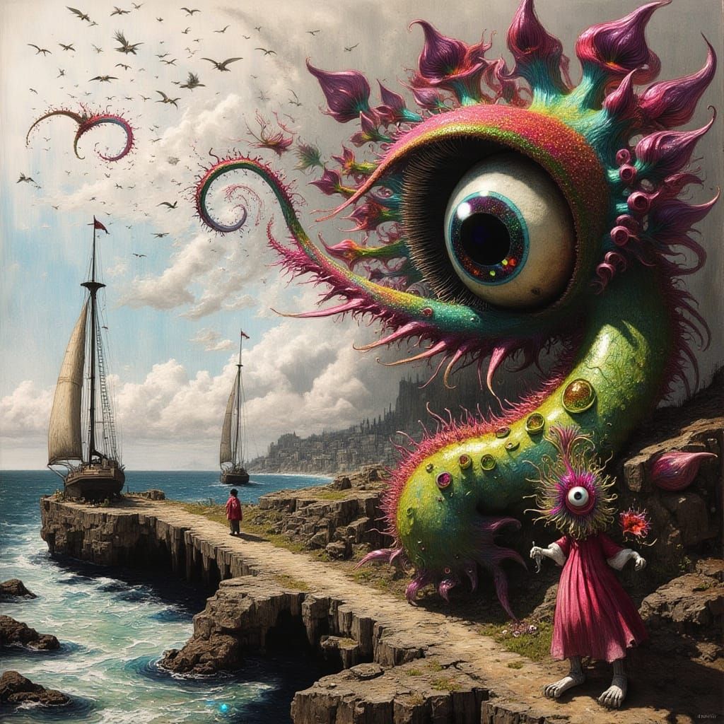 Intricate Fantasy Seaside Landscape with Dragon and Whimsica...