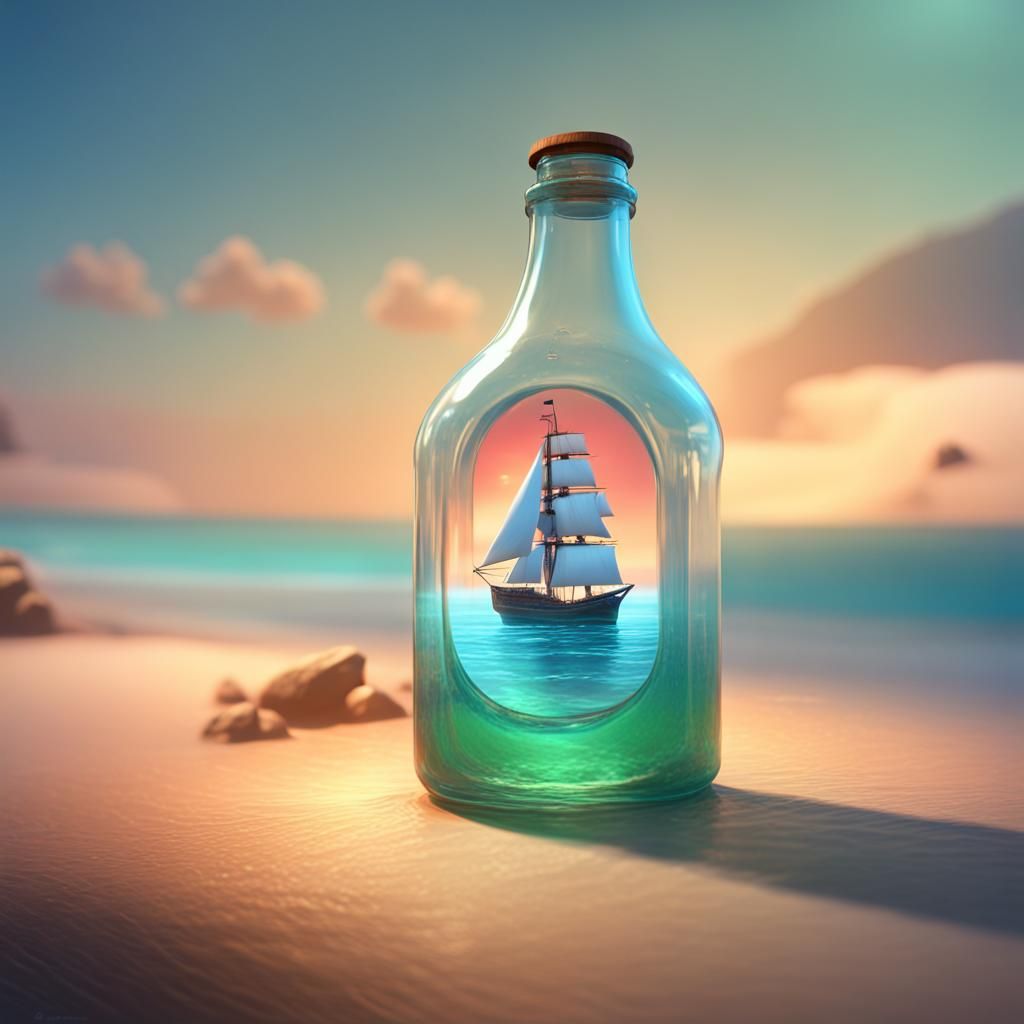 Glass Bottle Sets Sail Across a Vibrant Oceanic Background