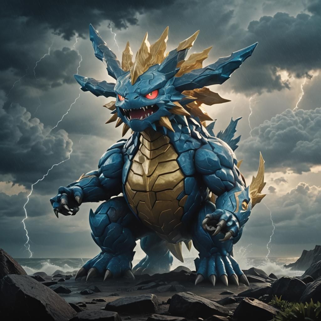 Colossal Pokemon in Stormy Cinematic Scene