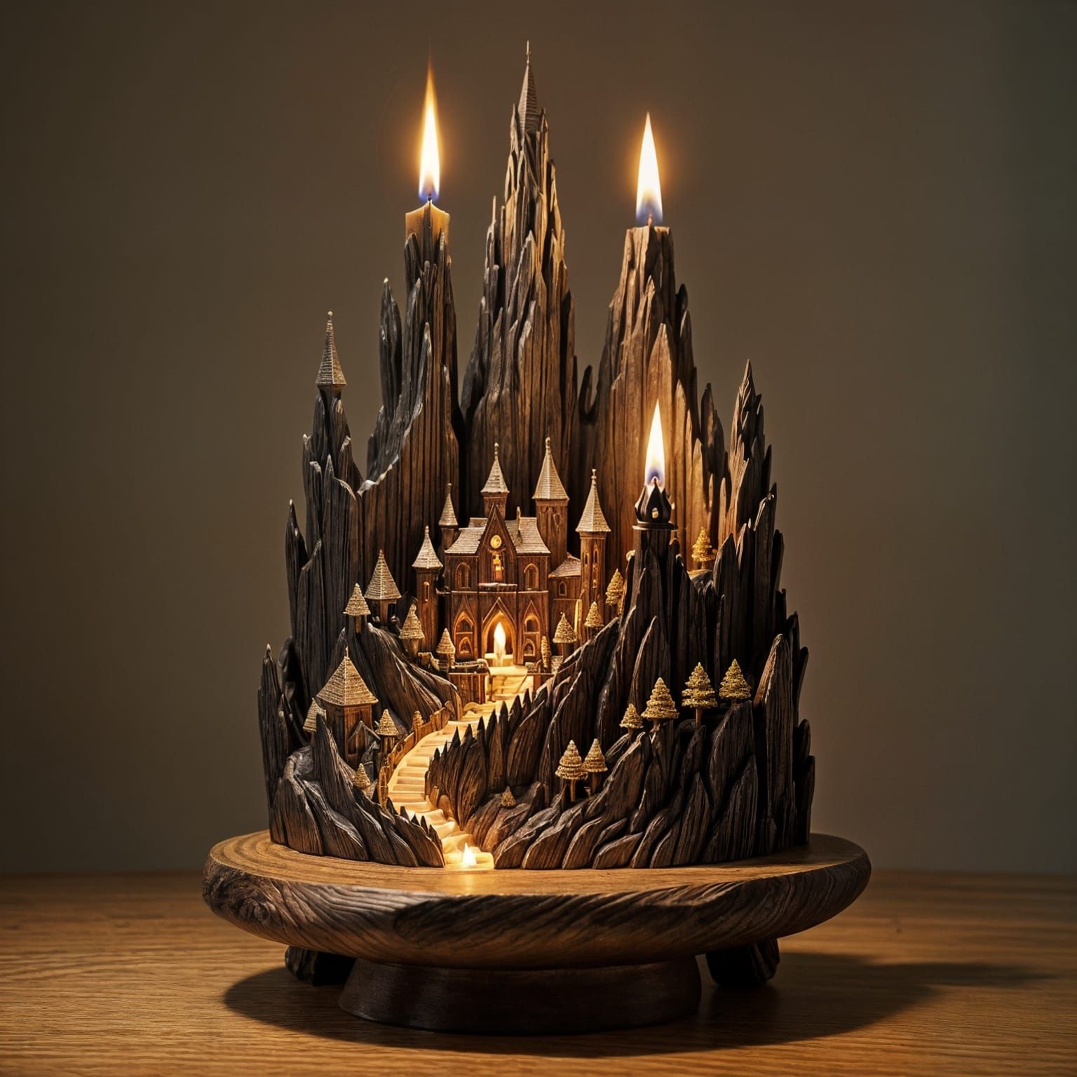 Surreal Mountain Castle Sculpture in Wood
