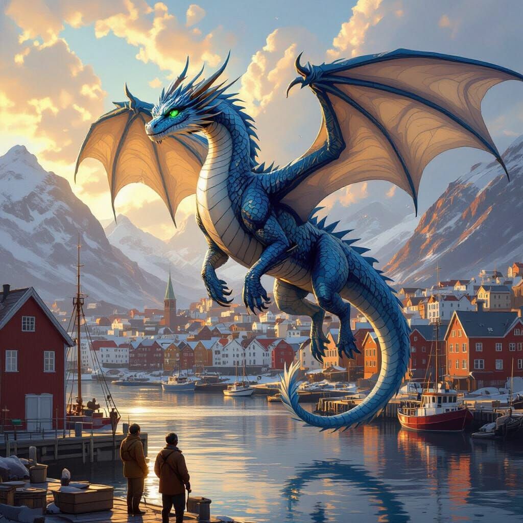 Silver Dragon Over Early Norwegian City in Concept Art Style