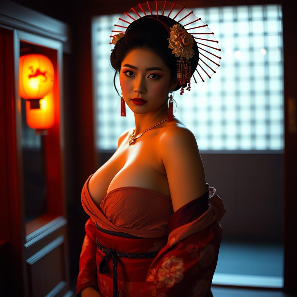 Sensual Japanese Geisha in Dark, Cinematic Style