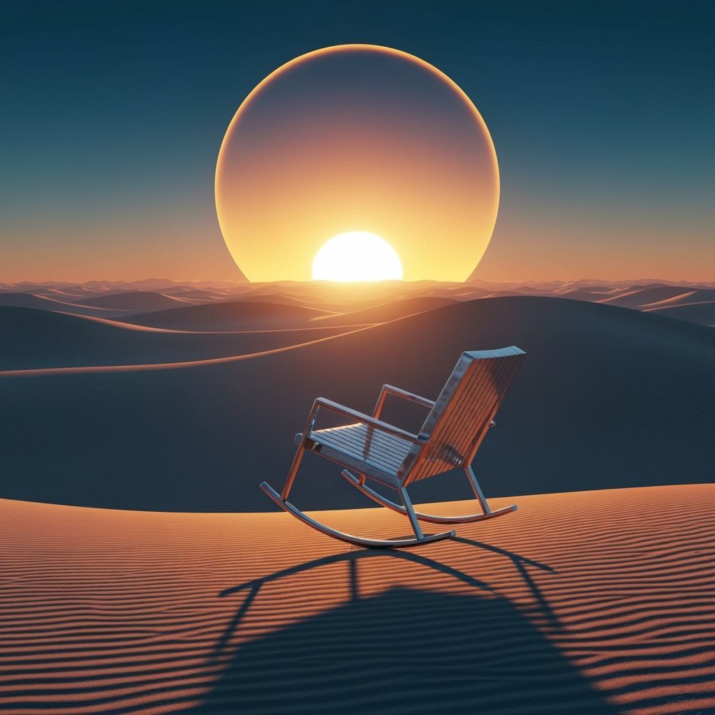 Futuristic Chrome Rocking Chair in Desert Sunset