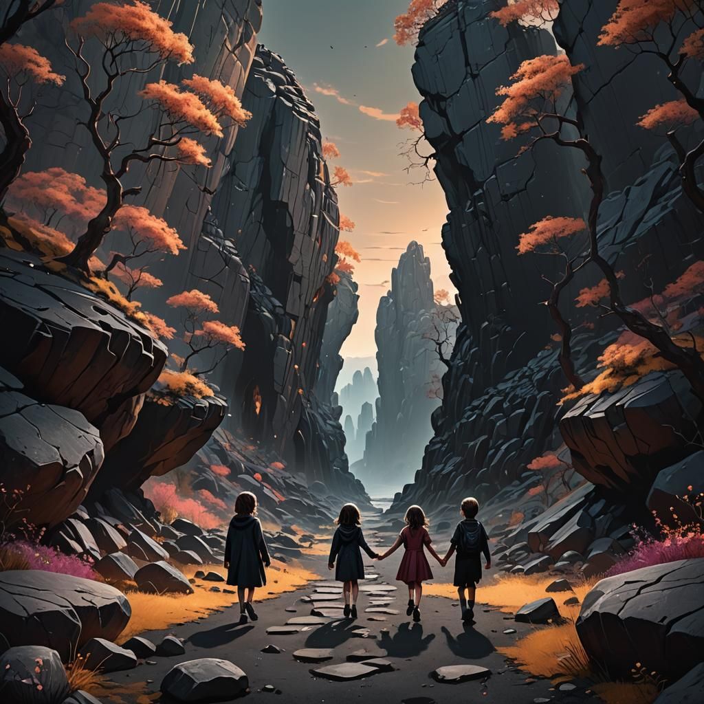 beneath a grey cloudy sky, a little boy & girl are walking h...