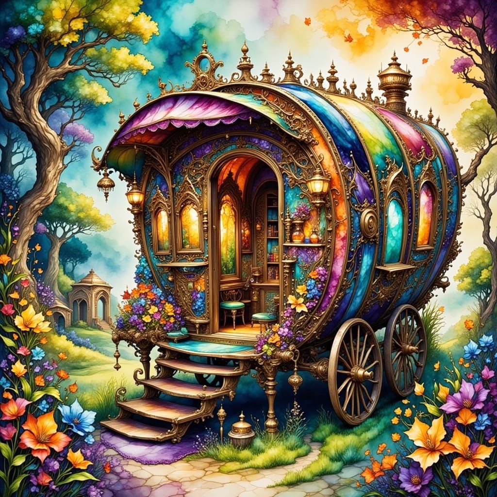Vibrant Gypsy Caravan in Watercolor Style