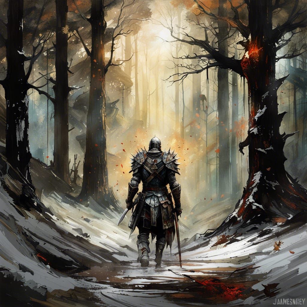 Gothic Knight in Snowy Forest Battle