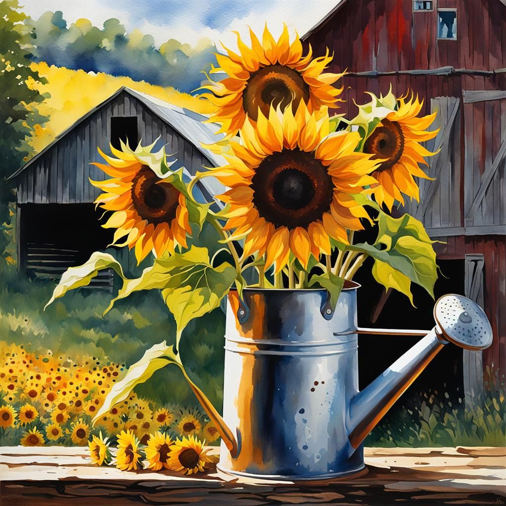 Sunflowers in Watering Can: Watercolor Splash Art