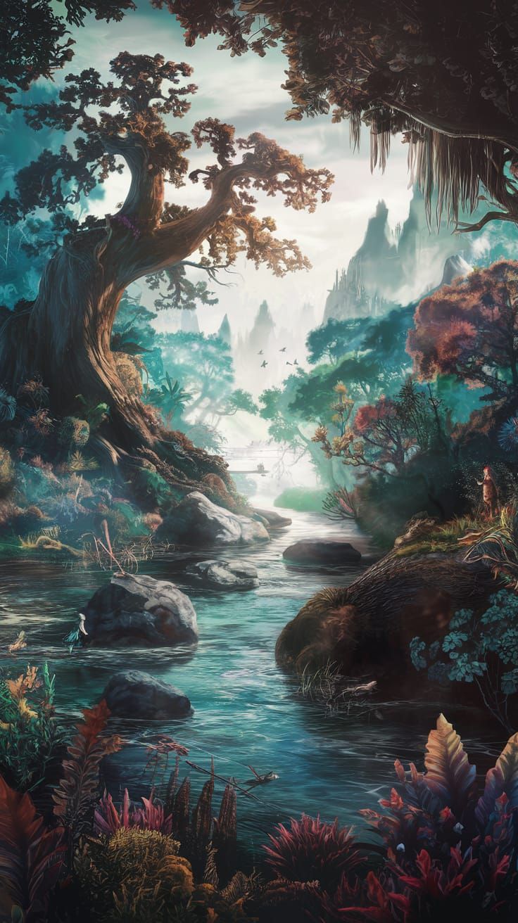 Fantastical Forest River Scene in Concept Art Style