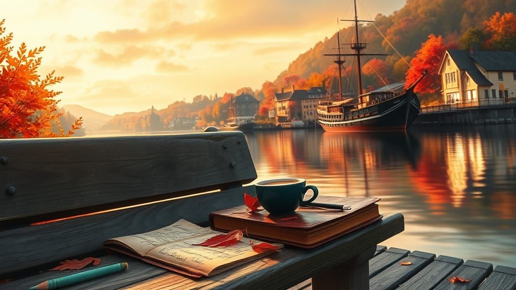 Autumn Riverscape with Sailor's Journal in Warm Golden Light