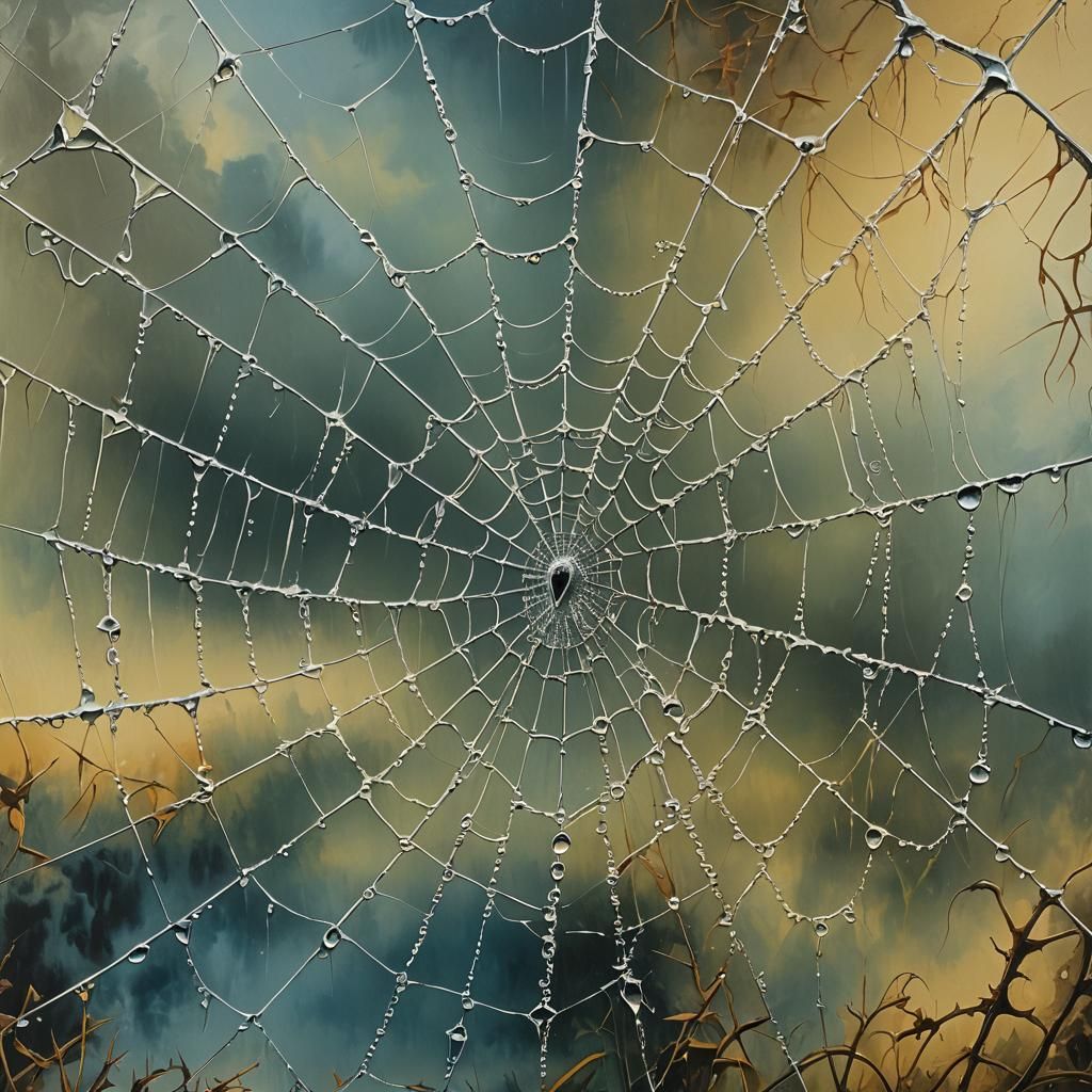 Dew-Kissed Spiderweb: Surreal Oil Painting in Dali Style