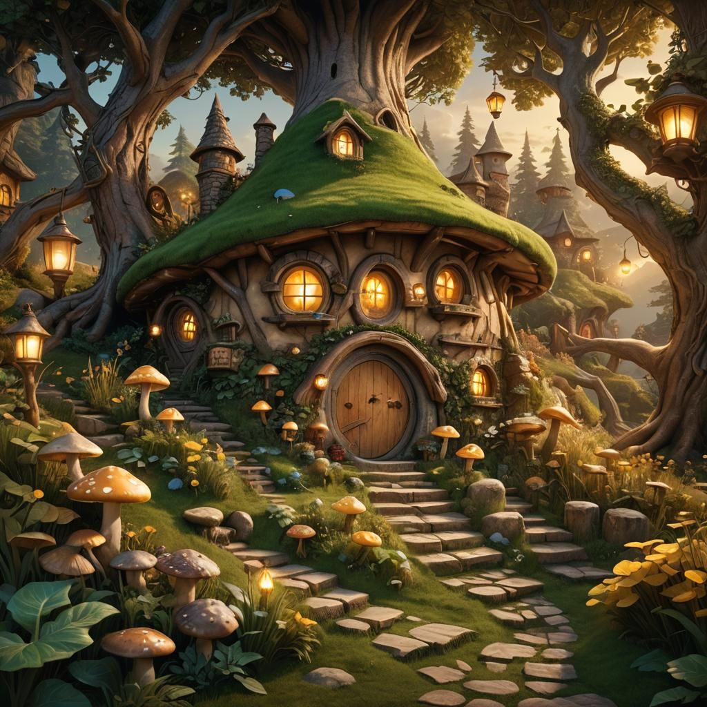 Mushroom Hobbit House at Night in Fantasy Style
