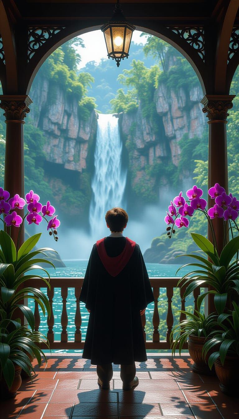 Harry Potter Surrounded by Orchids in Astral Art Style