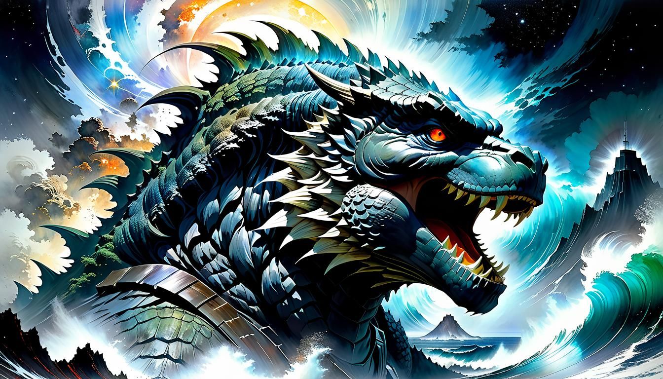 Godzilla Head Emerges from Stormy Astral Ocean