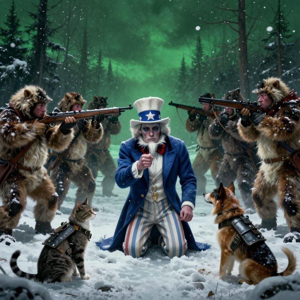 Surreal Green Snow Winter Scene with Confrontation