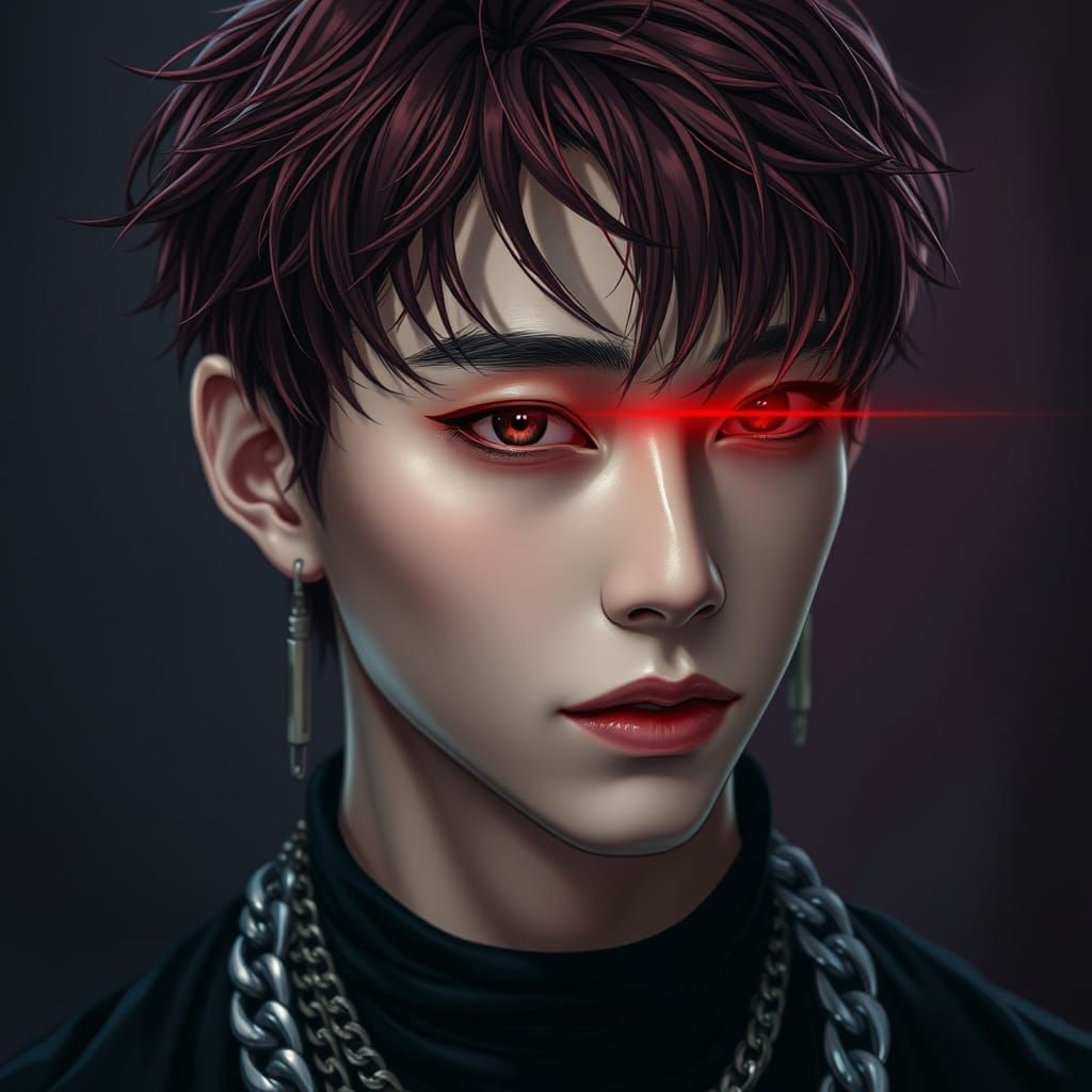 Man with Glowing Red Eye, K-Pop Anime Style