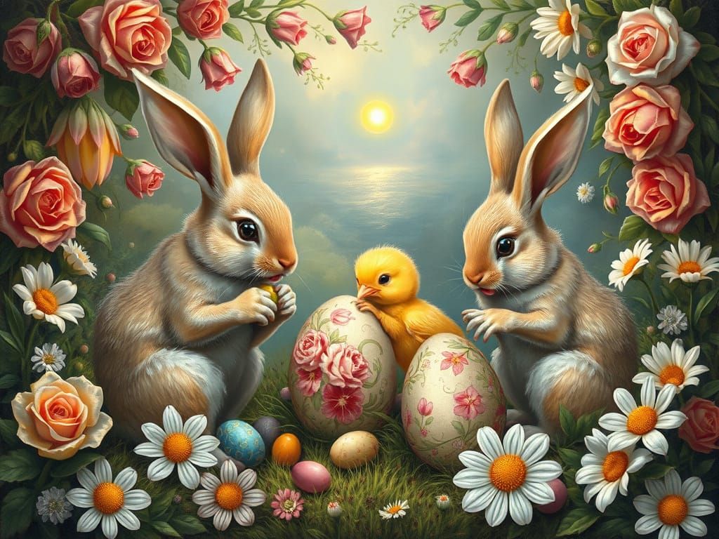 Easter Bunnies Decorating Eggs in Renaissance Style