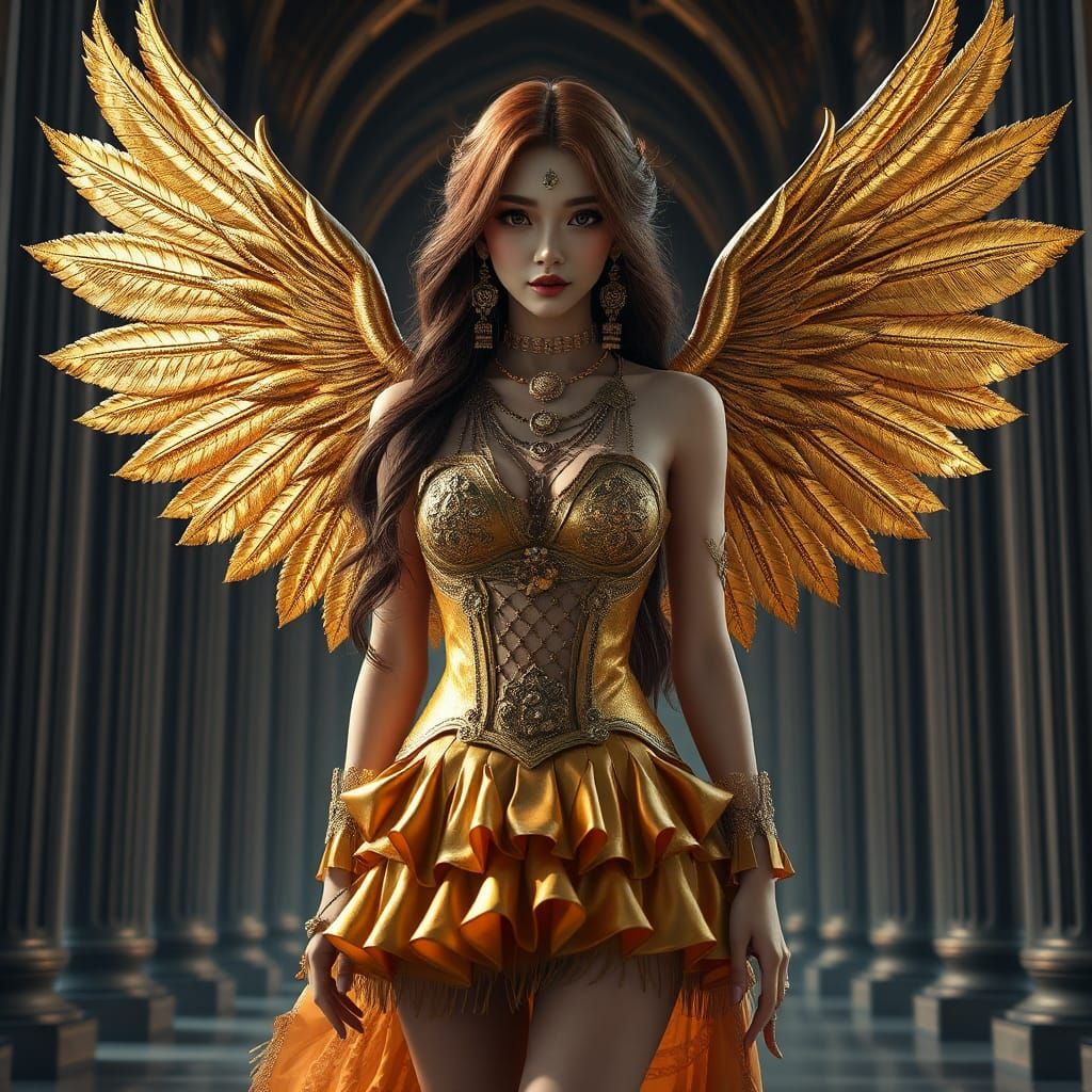 Ethereal Chinese Woman with Gold Wings in Gothic Style