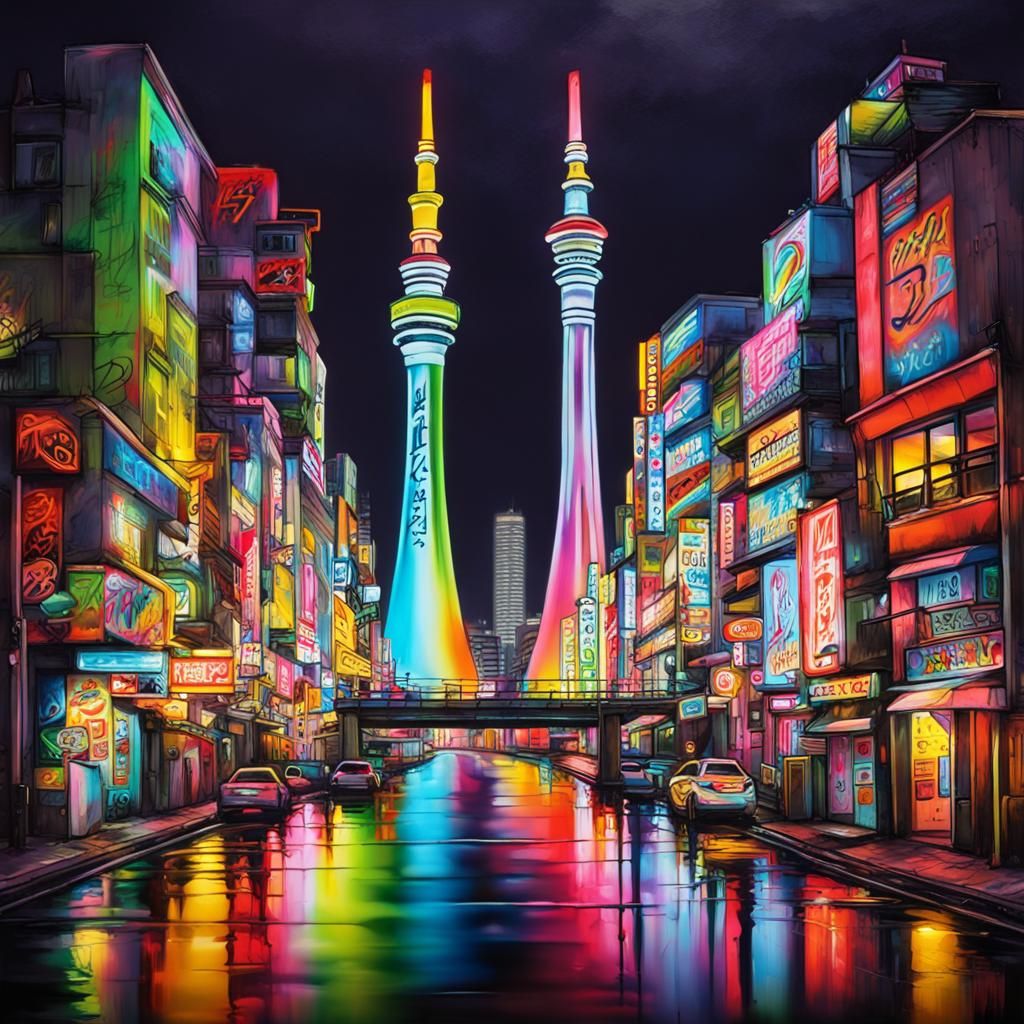 Tokyo Skytree Neon Graffiti Art in Abstract Style