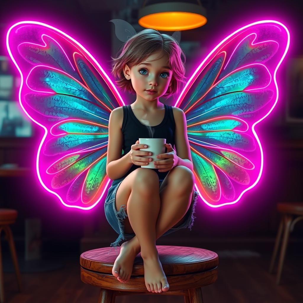 Neon Fairy with Coffee: Photorealistic Digital Art