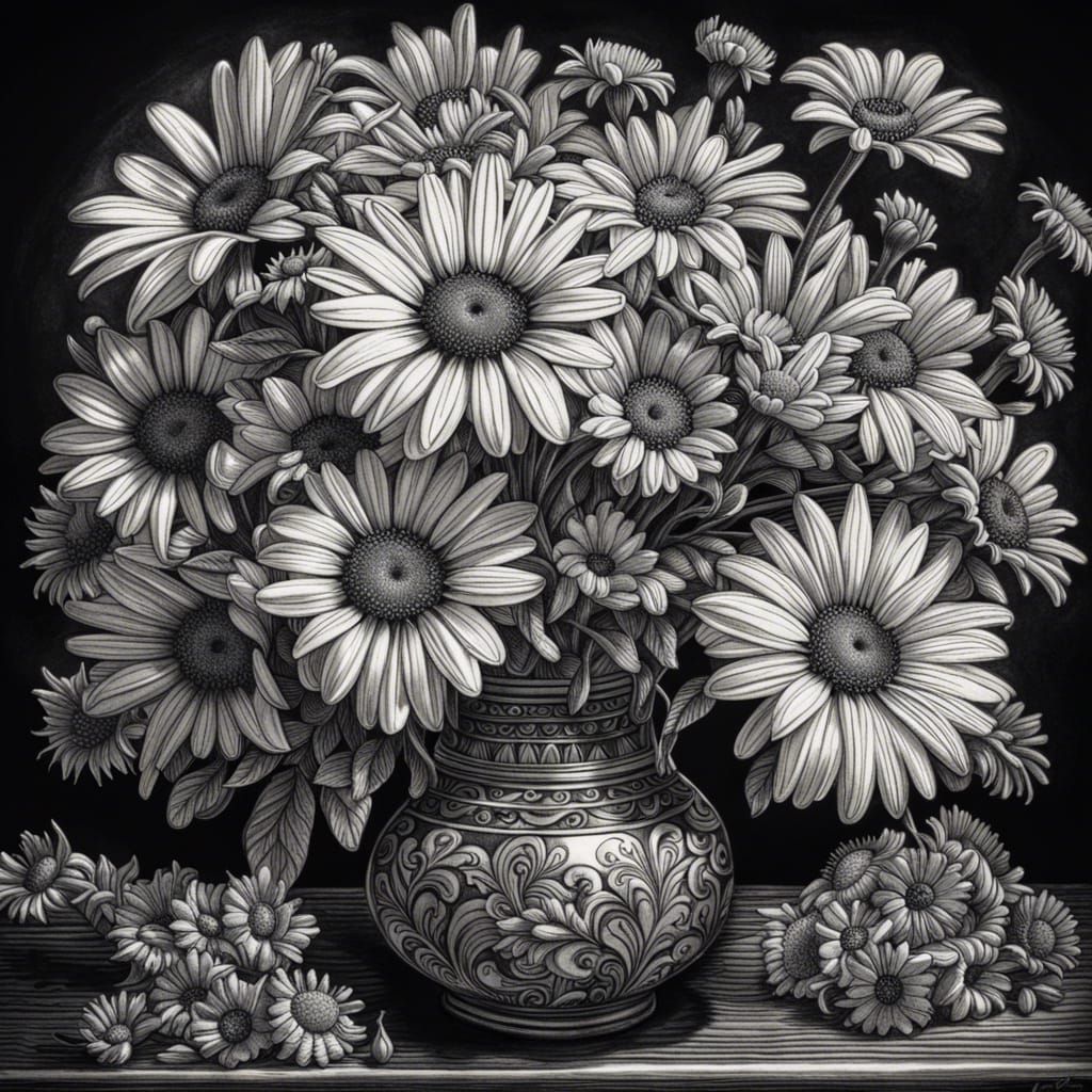 Detailed Ink Drawing of Daisies in Vase