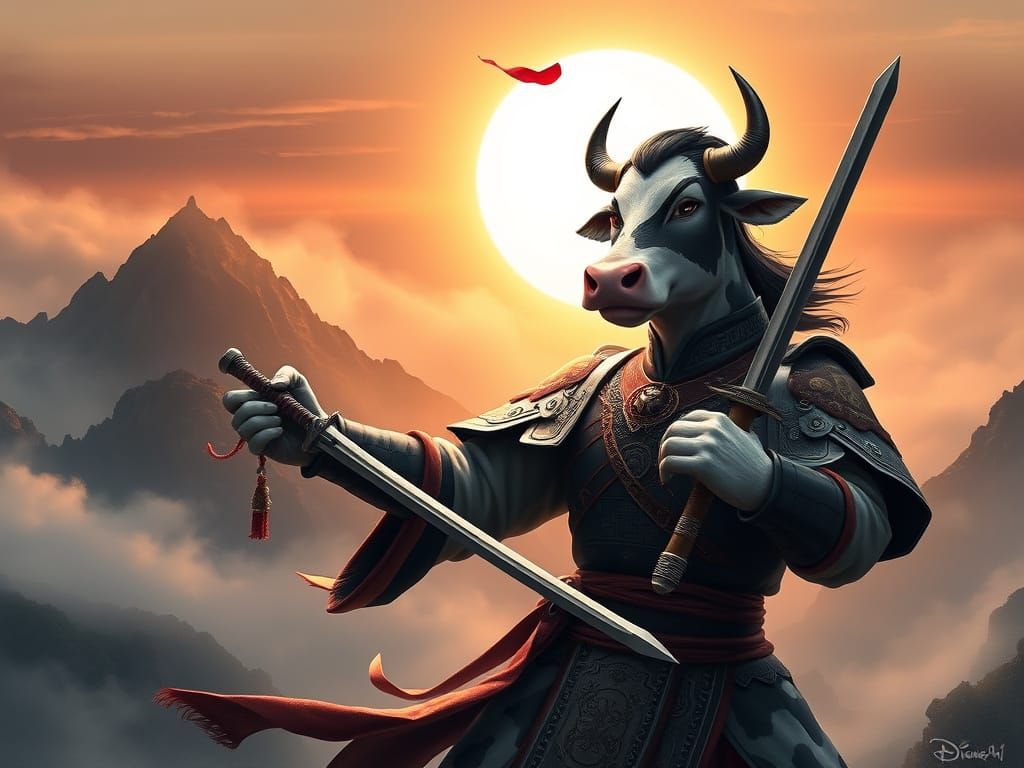 Cow Mulan: Epic Hero in Chinese Art Style