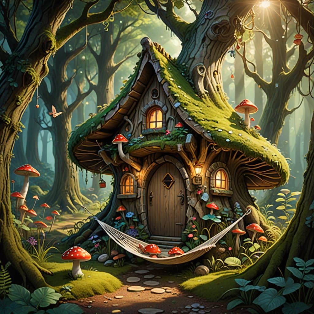 Enchanted Mushroom Cottage in Ancient Forest with Sunbeams