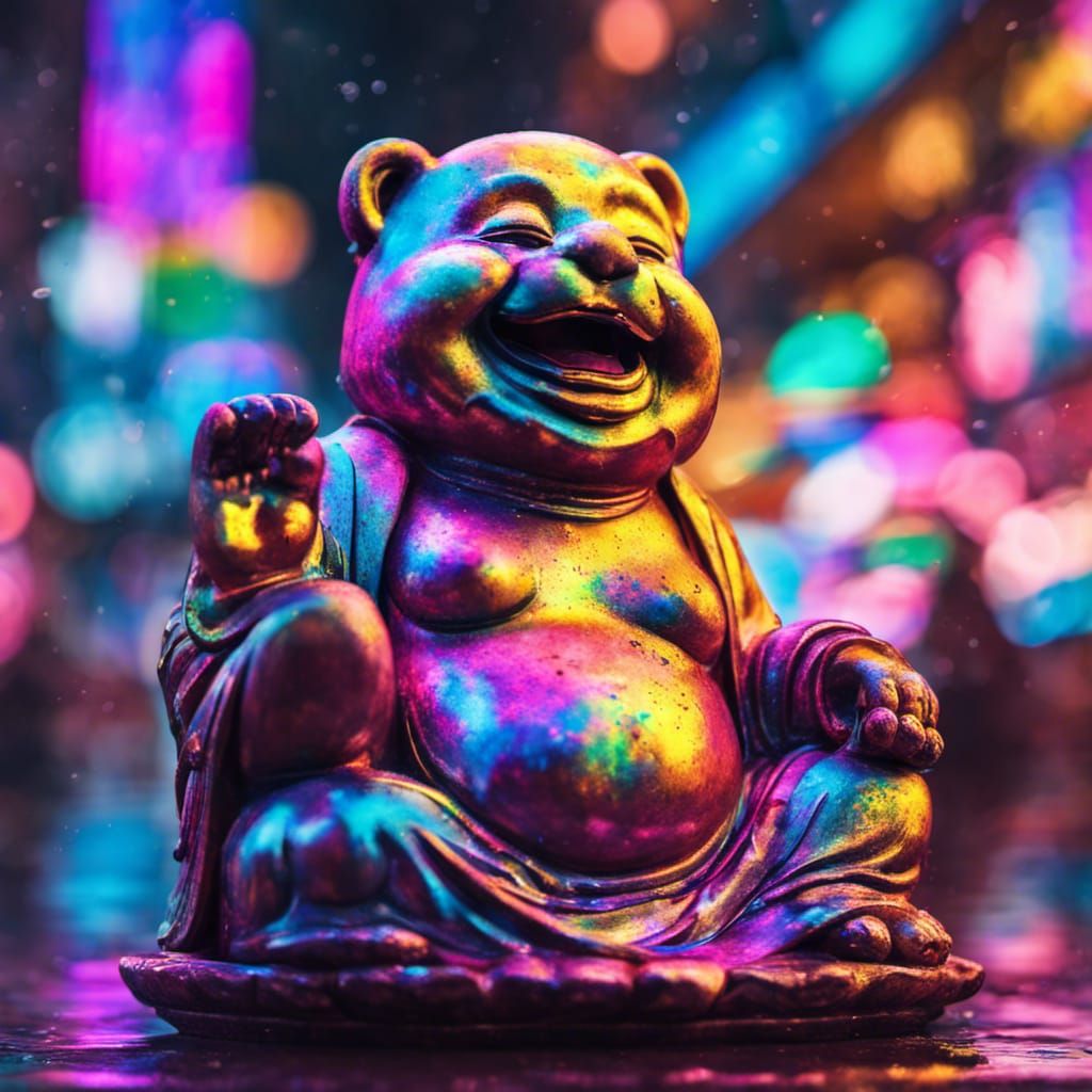 Holographic Neon Laughing Buddha Bear: Futuristic Art