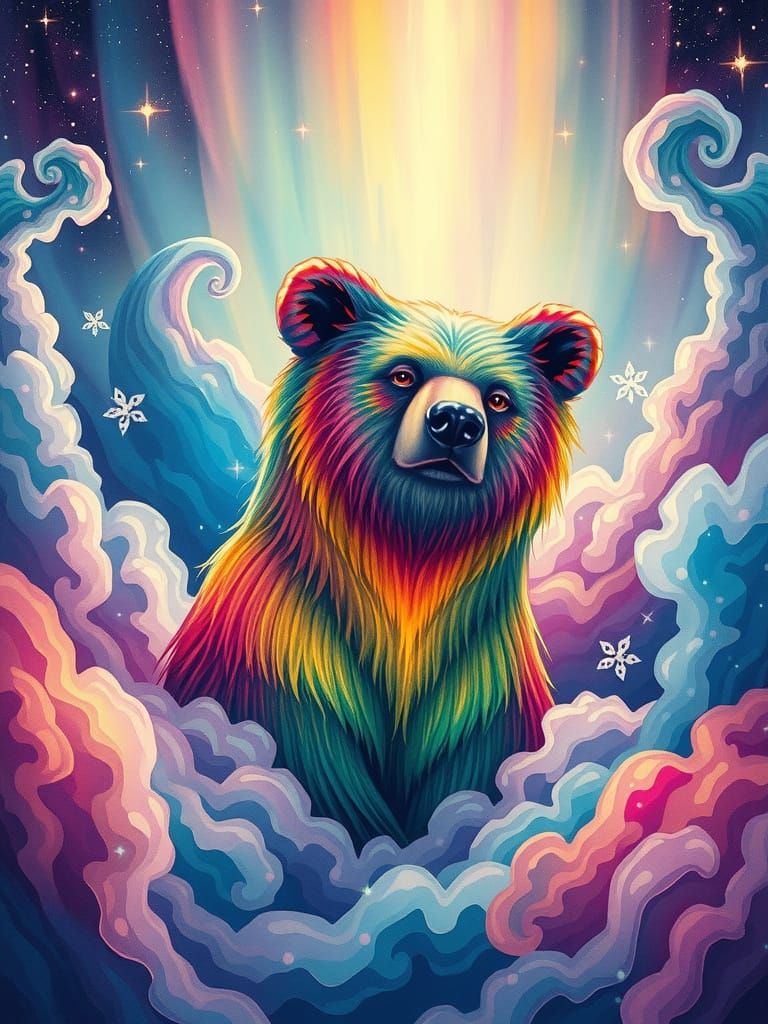 Dreamlike Rainbow Bear in Whimsical Forest, Blending Shin Ha...
